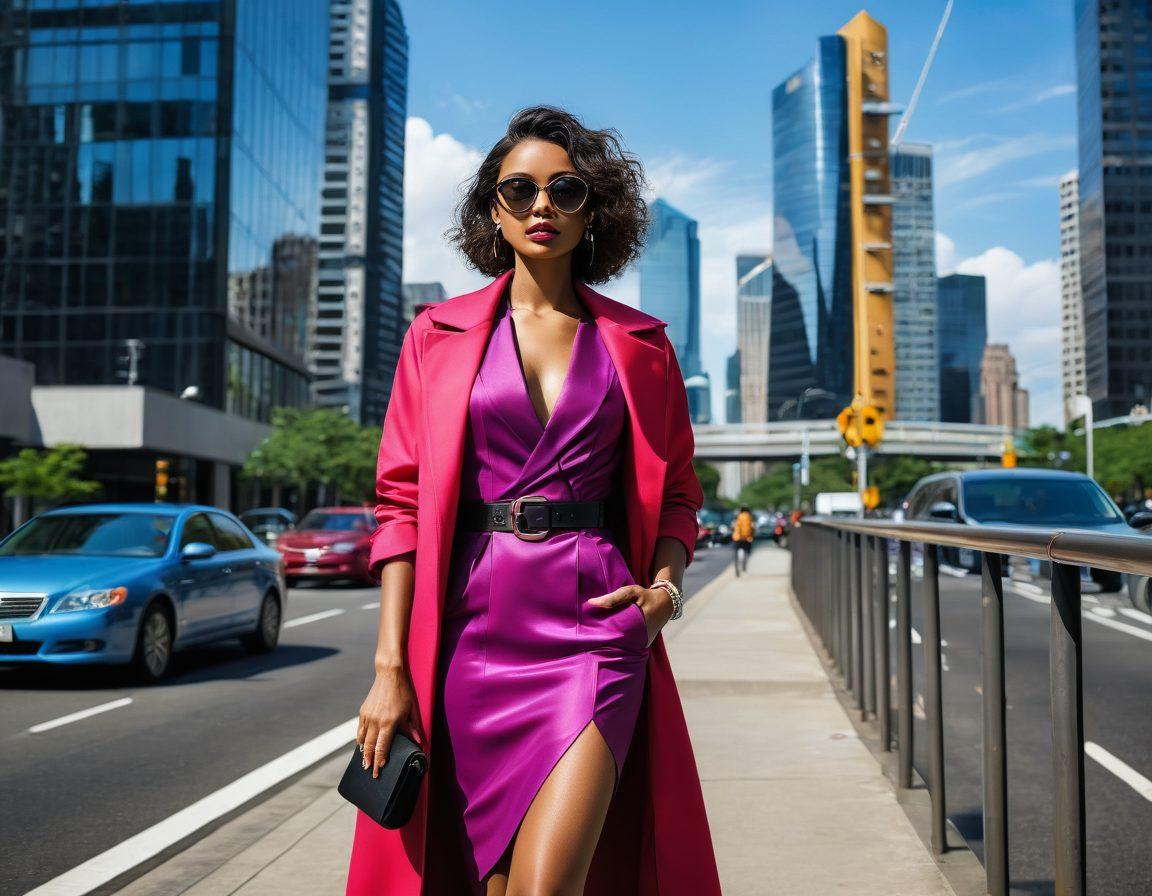 A stylish fashionista confidently walking in a vibrant urban setting, surrounded by various fashion risk symbols like caution signs and policy documents blended into haute couture outfits. The backdrop features a modern cityscape with vivid colors, capturing the essence of style and strategy. The subject is dressed in a chic outfit that stands out, demonstrating the fusion of fashion and risk management. super-realistic. vibrant colors. 3D.
