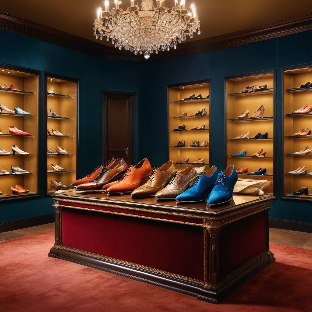 A collection of exquisite luxury shoes displayed on a plush velvet surface, surrounded by a sparkling shield symbolizing comprehensive coverage. A soft light illuminates the shoes, highlighting their details, while a subtle backdrop of elegant insurance documents gently flows in the background. The overall vibe conveys protection and luxury, enticing viewers to consider safeguarding their favorites. super-realistic. vibrant colors. soft lighting.